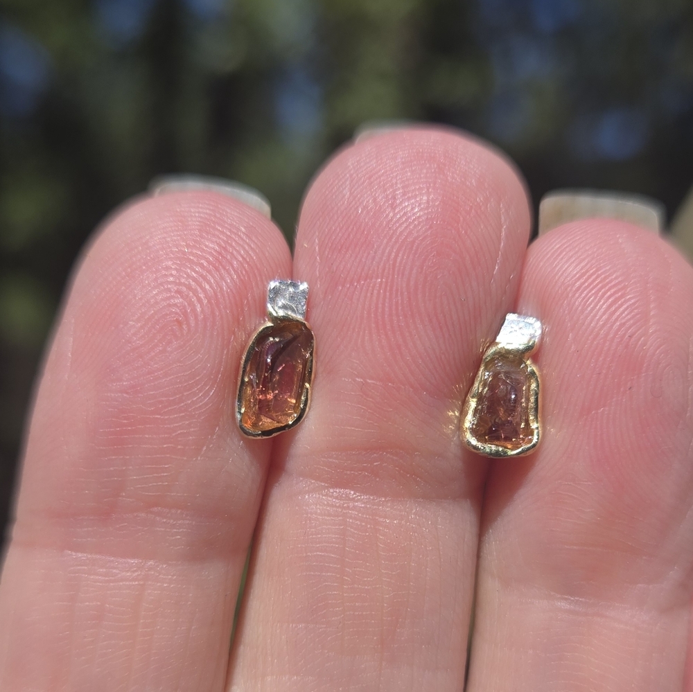 Tangarine Tourmaline Natural Sterling & Gold Stud Earrings - Picture 6 of 8